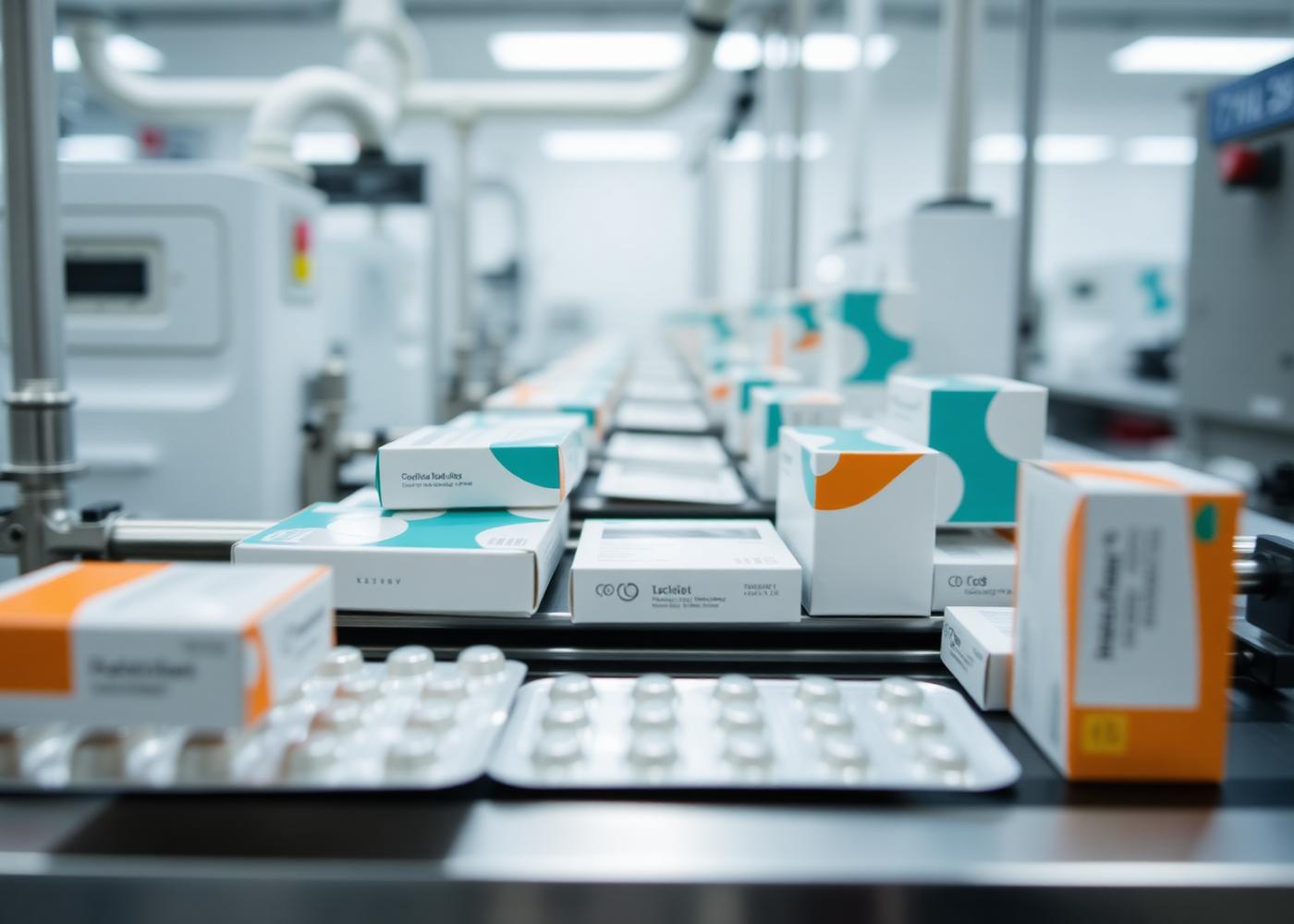 Pharmaceutical cartons and blister packs on a packaging line